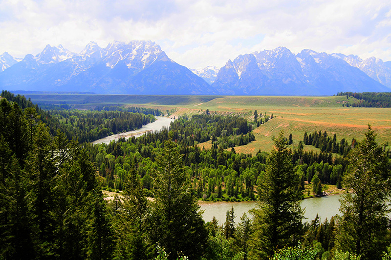 Parques nacionales del oeste de Estados Unidos. Panorama desde la John Rockefeller Parkway, Grand Teton